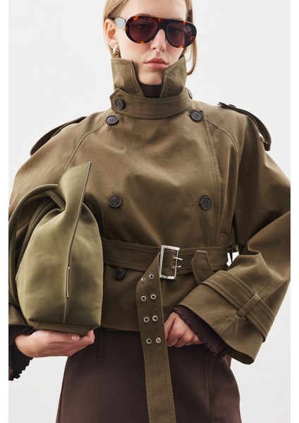 Kemerli Kısa Trençkot Haki indirimleri