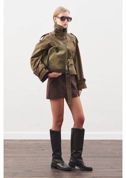 Kemerli Kısa Trençkot Haki