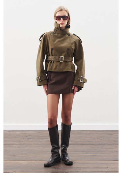 Kemerli Kısa Trençkot Haki