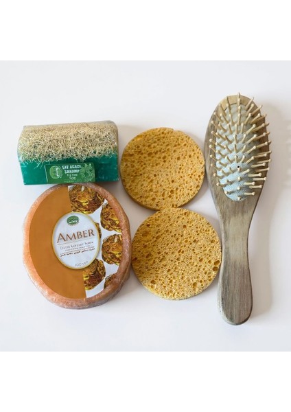 Doğal Kabak Lifi Sabun Süngerli Bambu Masaj Tarağı Peeling 4’lü Cilt Bakım Seti