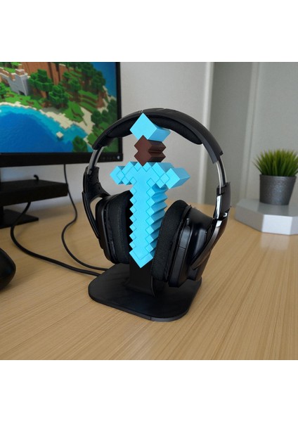 Minecraft Elmas Kılıç Temalı 3D Baskı Kulaklık Standı – Oyuncu Masa Aksesuarı