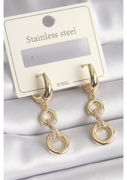 Bfs 316L Çelik Gold Renk Zirkon Taş Detaylı Sallantı Model Kadın Küpe