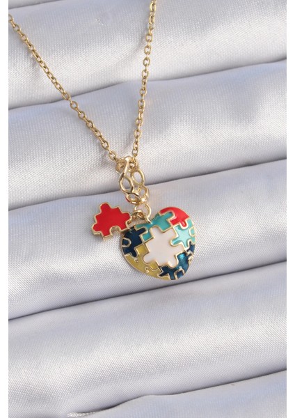 Bfs 316L Çelik Gold Renk Yapboz Motif Kalp Figür Charm Model Kadın Kolye