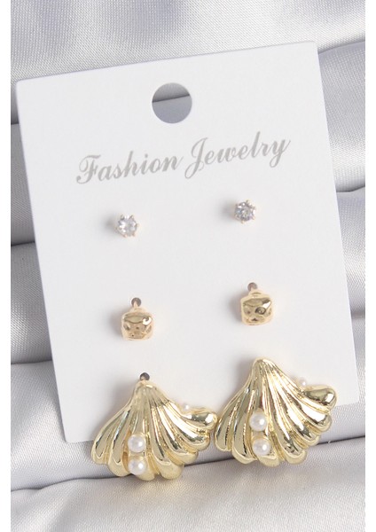 Bfs Pirinç Gold Renk Zirkon Taşlı Inci Detaylı Deniz Kabuğu Model 3 Çift Kadın Küpe Seti