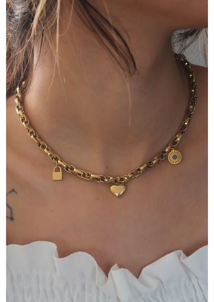 Bfs Çelik Gold Renk Kalın Zincir Model Kalp Figür Kadın Kolye