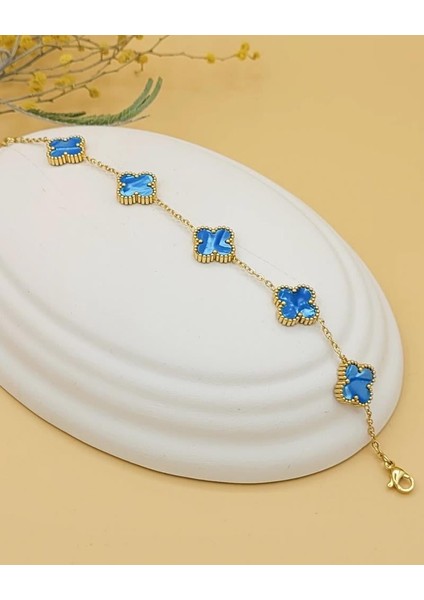 Mavi Hologram Gold Çift Taraflı Şans Yoncası Bileklik