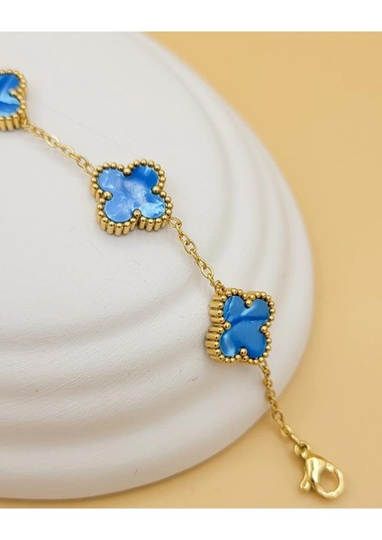 Mavi Hologram Gold Çift Taraflı Şans Yoncası Bileklik fiyatları