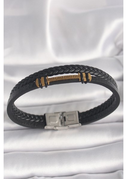 Bfs 316L Çelik Gold Renk Zikzak Işlemeli Aksesuarlı Çift Sıra Burgu Desenli Deri Kordon Erkek Bileklik