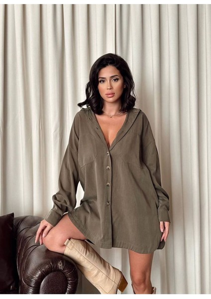 Kadın Kahverengi Oversize Salaş Uzun Kollu Gömlek – Rahat Kesim Şık Günlük Gömlek
