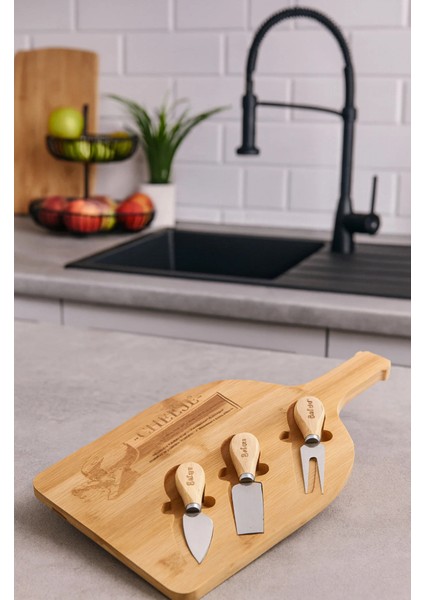 Bambu 4 Parça Peynir Sunum Seti Bıçaklı Kahvaltı Sunum Tahtası Bambu