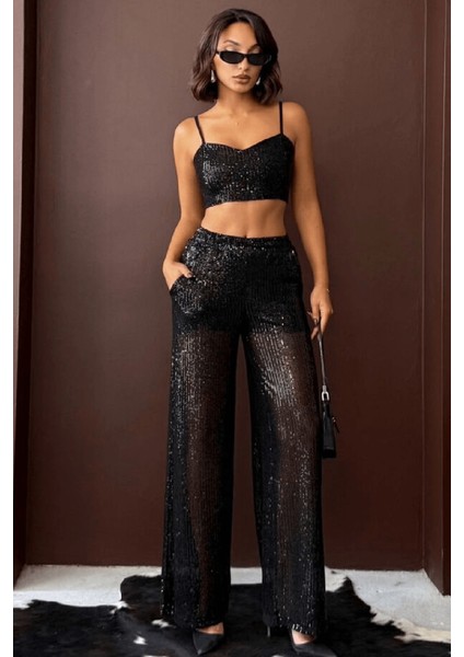 Kadın Payetli Geniş Paça Kadın Pantolon - Şık Gece Kombini
