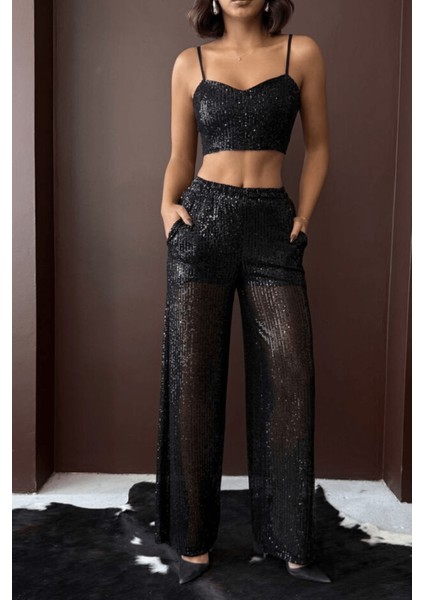 Kadın Payetli Geniş Paça Kadın Pantolon - Şık Gece Kombini fırsatları
