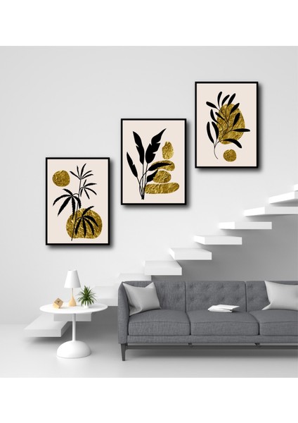Yaldızlı Bitkiler Üçlemesi Dekoratif Çerçeve Görünümlü 3'lü Set Mdf Tablo