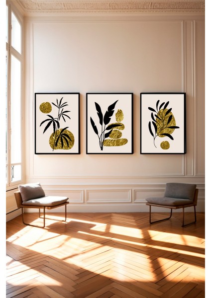 Yaldızlı Bitkiler Üçlemesi Dekoratif Çerçeve Görünümlü 3'lü Set Mdf Tablo fiyatları