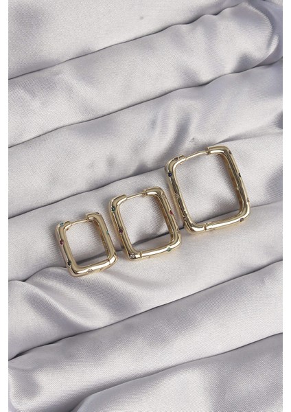 Pirinç Gold Renk Renkli Zirkon Taşlı Kare Model Küpe Seti