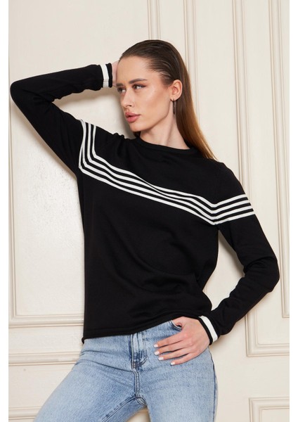 Kadın Bisiklet Yaka Yumuşak Dokulu Çizgili Triko Kazak 35111