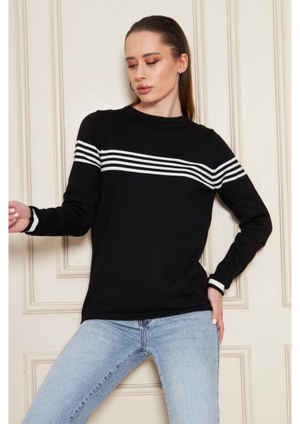Kadın Bisiklet Yaka Yumuşak Dokulu Çizgili Triko Kazak 35111 fiyatları