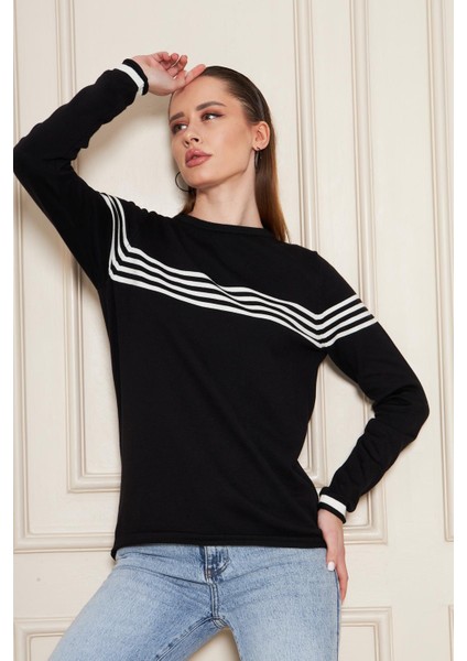 Kadın Bisiklet Yaka Yumuşak Dokulu Çizgili Triko Kazak 35111 modelleri