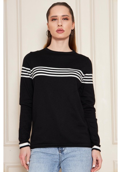 Kadın Bisiklet Yaka Yumuşak Dokulu Çizgili Triko Kazak 35111 indirimleri