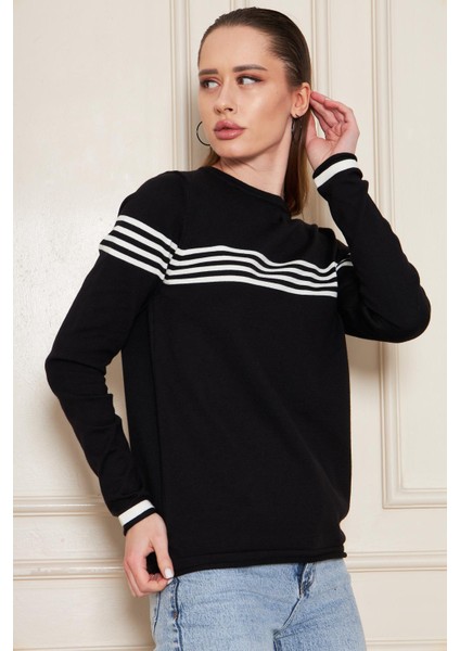 Kadın Bisiklet Yaka Yumuşak Dokulu Çizgili Triko Kazak 35111