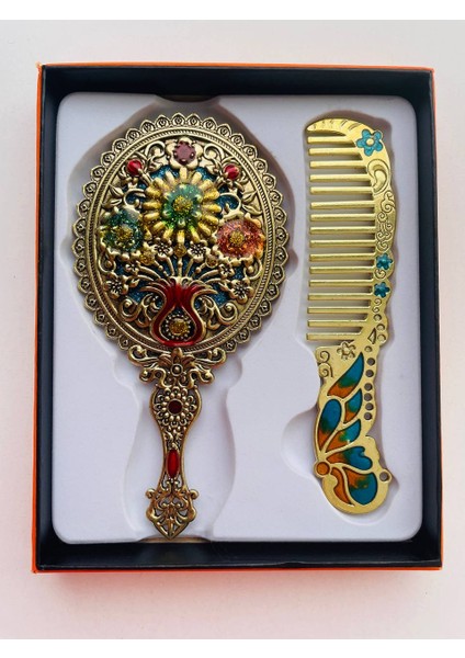 Ayna Tarak Seti, Kutulu-Metal-Hediyelik Takım, 13CM Aynalı Saç Fırçası, Tavuskuşu Figürlü