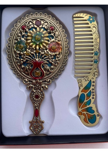 Ayna Tarak Seti, Kutulu-Metal-Hediyelik Takım, 13CM Aynalı Saç Fırçası, Tavuskuşu Figürlü modelleri