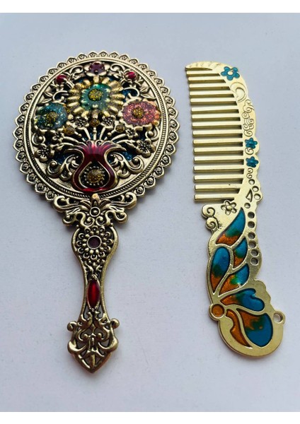 Ayna Tarak Seti, Kutulu-Metal-Hediyelik Takım, 13CM Aynalı Saç Fırçası, Tavuskuşu Figürlü