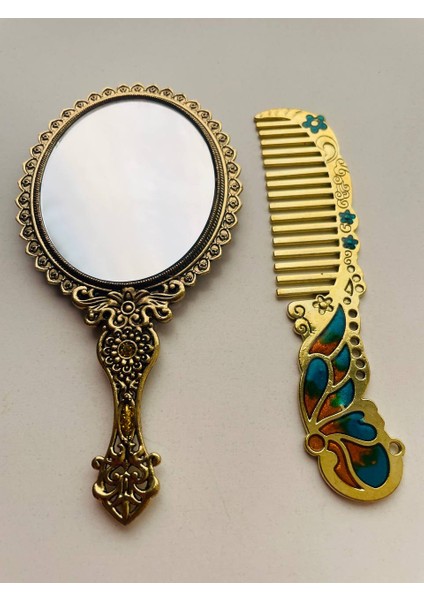 Ayna Tarak Seti, Kutulu-Metal-Hediyelik Takım, 13CM Aynalı Saç Fırçası, Tavuskuşu Figürlü