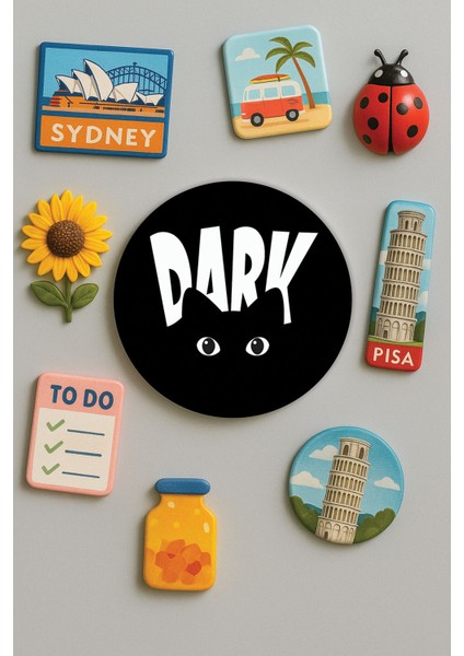 Modern ve Dekoratif Yuvarlak Buzdolabı Magneti Magnet Büyük Boy 10X10 cm - Dark Cat