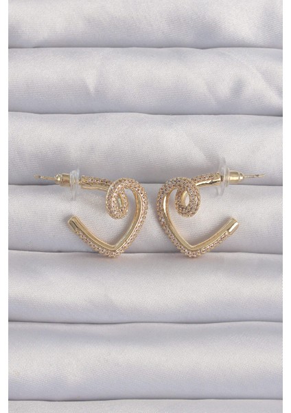 Pirinç Gold Renk Zirkon Taşlı Kıvrımlı Yarım Kalp Küpe