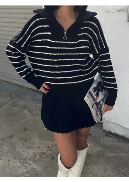 Kadın Fermuarlı Çizgili Kazak