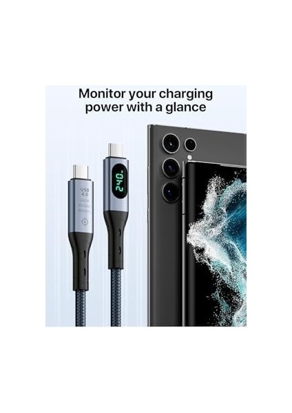 USB Type-C Kablo, LED Ekranlı, 240W 40GBPS, 8k 60Hz Destekli, Örgülü, Siyah-Gri modelleri