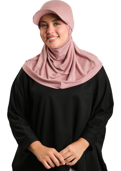 Pudra Pratik Hazır Geçmeli Şapkalı Tesettür Eşarp Viskon Düz 2513_06