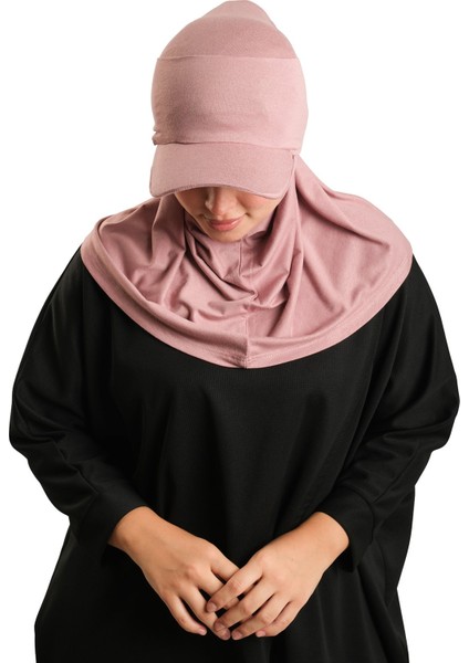 Pudra Pratik Hazır Geçmeli Şapkalı Tesettür Eşarp Viskon Düz 2513_06 modelleri