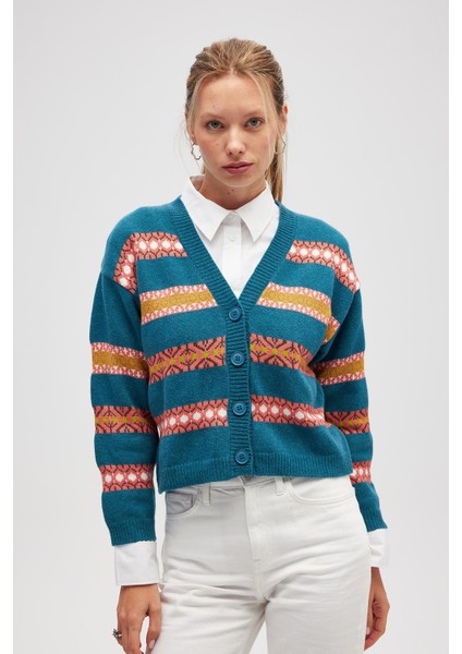 Sephora Jakarlı Kadın Triko Hırka - Ördek Yeşili Multi