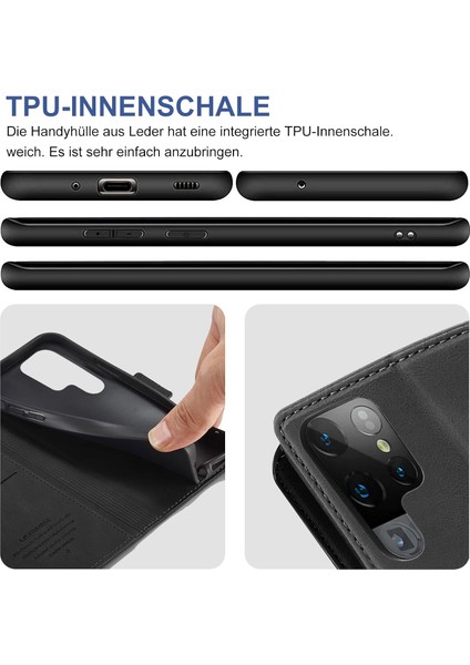 Samsung Galaxy S22 Ultra Uyumlu Ekran Koruyuculu Kılıf Kapaklı Kartlıklı Deri Görünümlü Standlı Kapak