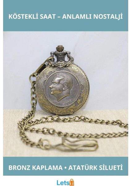 Bronz Kaplama Atatürk Tasarımlı Nostaljik Köstekli Saat