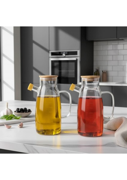Bambu Kapaklı Vakumlu Borosilikat Cam Yağlık Sirkelik Seti - 2'li Yağdanlık Sirkelik Seti 1000 ml