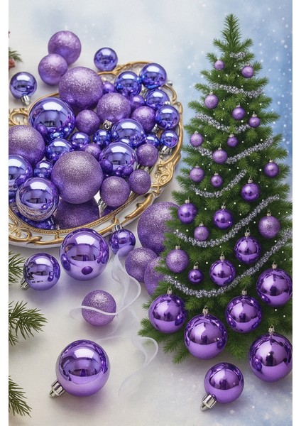 Yılbaşı Ağacı Top Süsleri, 6 cm 6 Adet, Parlak Mat Toplar Lila