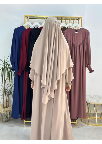 Tesettür Elbise,önü V Model Büzgülü,sufle Esarpla Takım.hijap ,khimar.hac Umre Için Uygundur Bej fırsatları