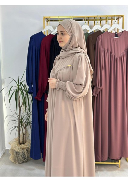 Tesettür Elbise,önü V Model Büzgülü,sufle Esarpla Takım.hijap ,khimar.hac Umre Için Uygundur Bej indirimleri
