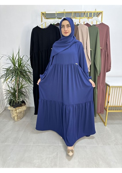 Iki Kat Büzgülü Elbise ve Şallı Takım .hijap ,abaya (Hac ve Umre Için Uygundur) Indigo
