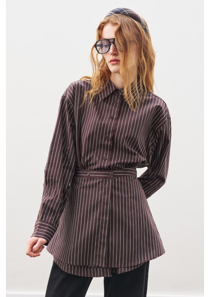 Bağlama Aksesuarlı Gömlek Kahve Çizgili