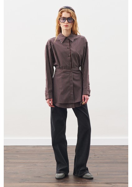 Bağlama Aksesuarlı Gömlek Kahve Çizgili fiyatları