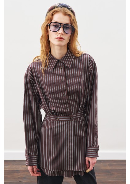 Bağlama Aksesuarlı Gömlek Kahve Çizgili