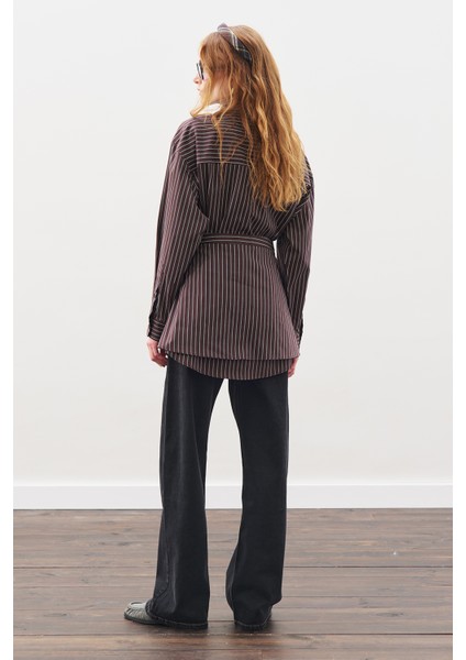 Bağlama Aksesuarlı Gömlek Kahve Çizgili