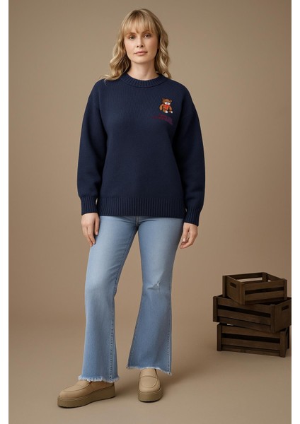 Bisiklet Yaka Nakışlı Kazak Indigo fiyatları