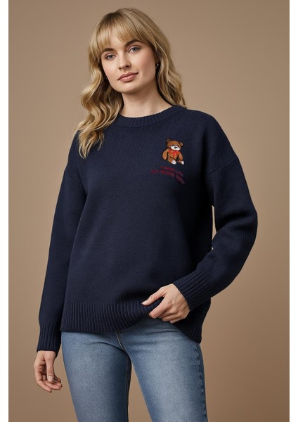 Bisiklet Yaka Nakışlı Kazak Indigo fırsatları