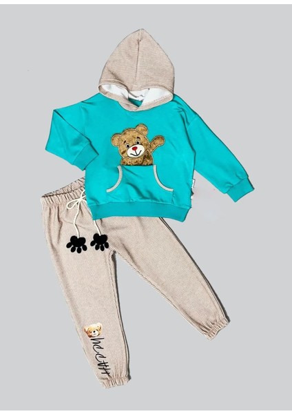 Litaetrend 2-3-4 Yaş Pelüş Ayı Desenli Kapşonlu Uzun Kollu Penye Sweat 2li Erkek Çocuk Takımı Mint Yeşili