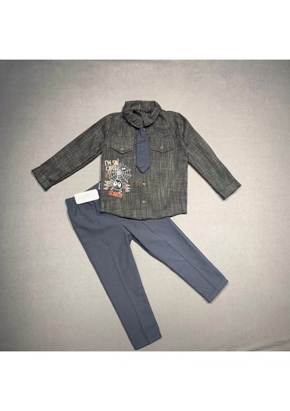 Litaetrend 3-4-5 Yaş Kravatlı Keten Gömlek Gabardin Pantolon Uzun Kollu 3lü Erkek Çocuk Takımı Füme